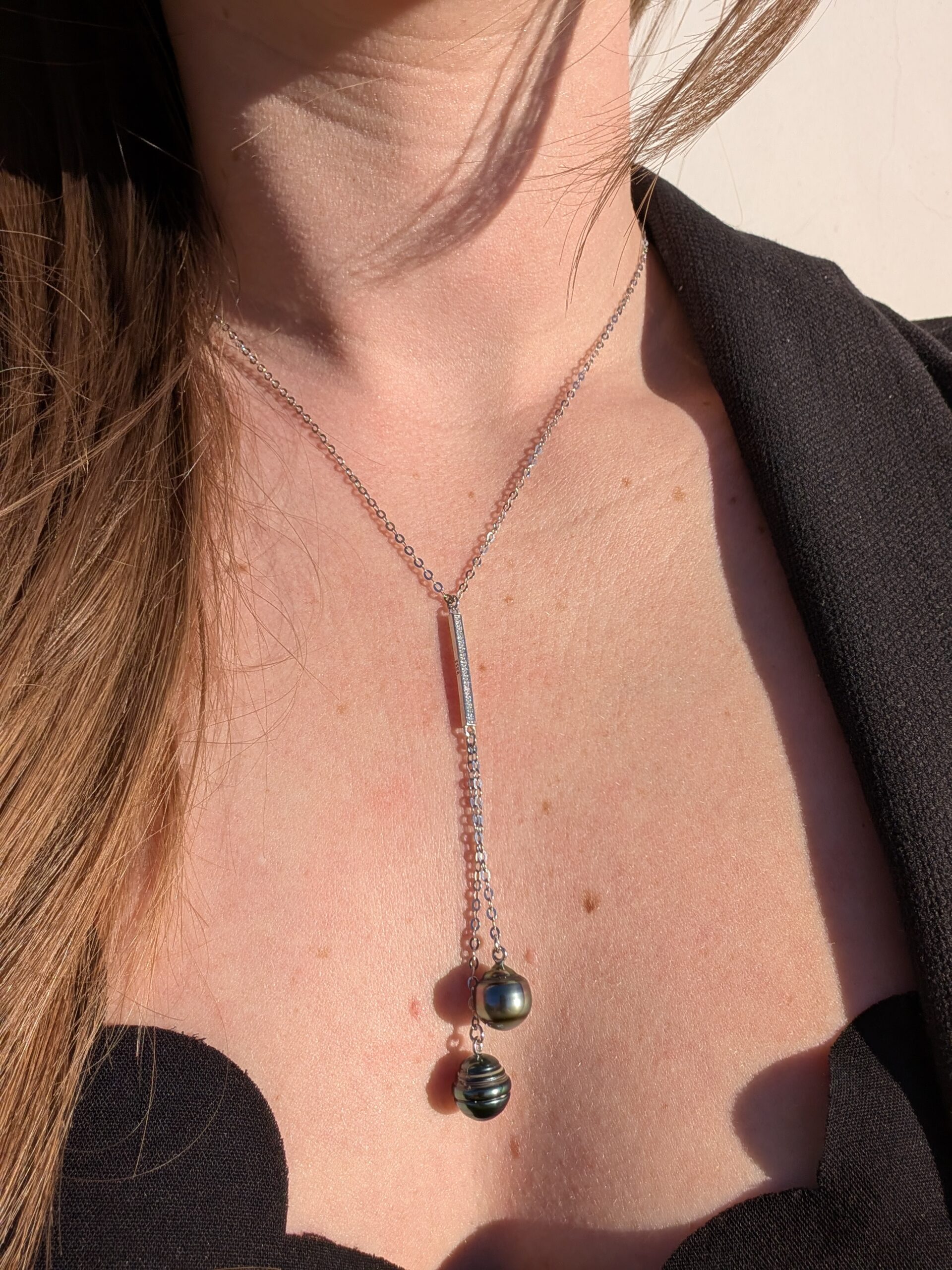 Collier argent rhodié – Deux perles de Tahiti et zirconium – Image 3