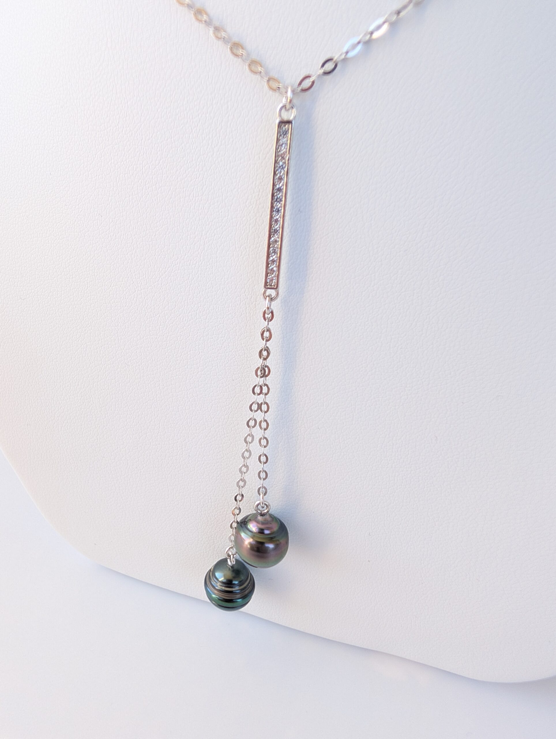 Collier argent rhodié – Deux perles de Tahiti et zirconium – Image 2
