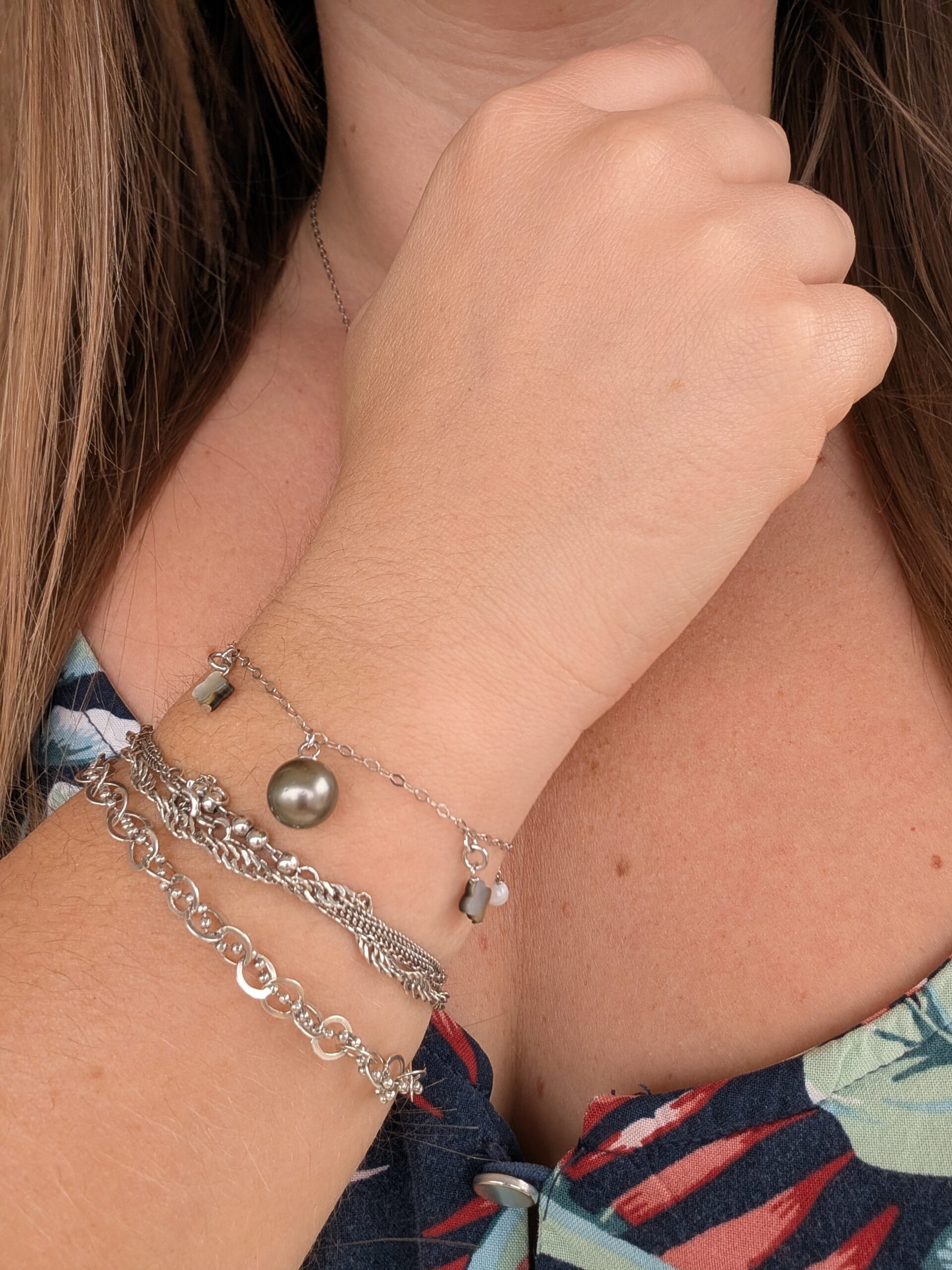 Bracelet argent rhodié – Perle de Tahiti et nacre – Image 2